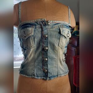Distressed Denim Halter Top Embroidered/Applique A9 Brand Size see below